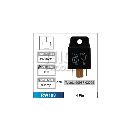 Nice RW108 Relay 4 Pin 12 Volt 80 Amp for Toyota Models OEM: 90987-02025