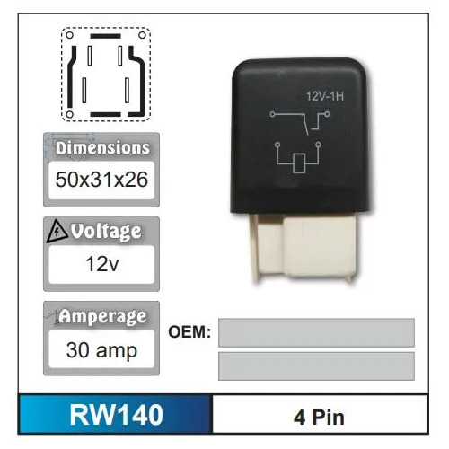 Nice RW140 Relay 4 Pin 12 Volt 30 Amp for Toyota Models