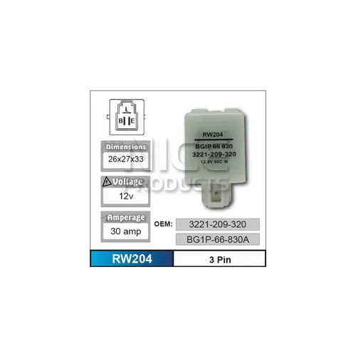 Nice RW204 Relay 3 Pin 12 Volt 30 Amp for Mazda Models BG1P-66-830A 3221-209-320