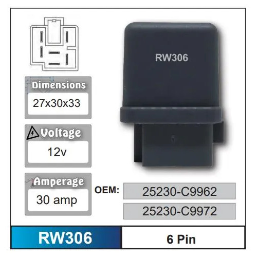Nice RW306 Relay 6 Pin 12 Volt 30 Amp for Nissan Models 25230-C9962 25230-C9972