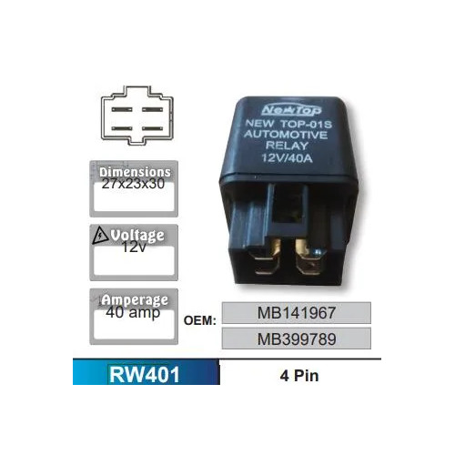 Nice RW401 Relay 4 Pin 12 Volt 40 Amp for Mitsubishi MB141967 MB399789