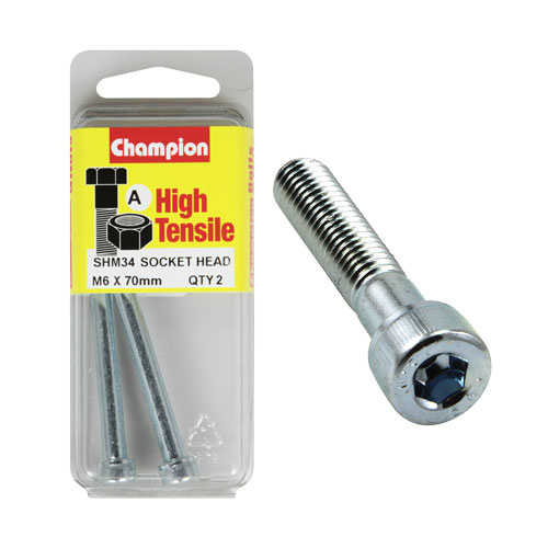 CHAMPION FASTENERS SHM34 HIGH TENSILE HEX HEAD BOLTS METRIC 6mm x 70mm PACK OF 2