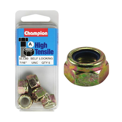 CHAMPION FASTENERS SLC80 HIGH TENSILE NYLON LOCK NUTS UNC 7/16" PACK OF 5