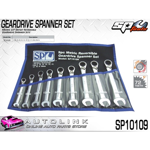SP TOOLS METRIC 15º OFFSET REVERSIBLE GEARDRIVE SPANNER SET - 9PC SP10109