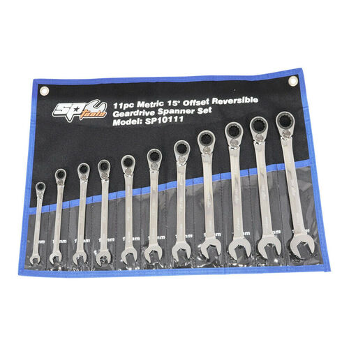 SP TOOLS METRIC 15° 11PC OFFSET REVERSIBLE GEARDRIVE WRENCH SPANNER SET SP10111