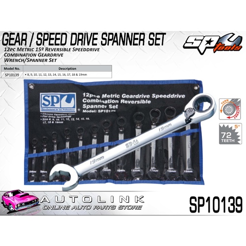 SP TOOLS 12PC METRIC 15° REVERSIBLE SPEED DRIVE COMBINATION GEARDRIVE SPANNER SET