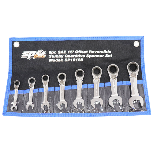 SP TOOLS 8PC STUBBY SAE 15° OFFSET REVERSIBLE GEARDRIVE WRENCH SPANNER SET