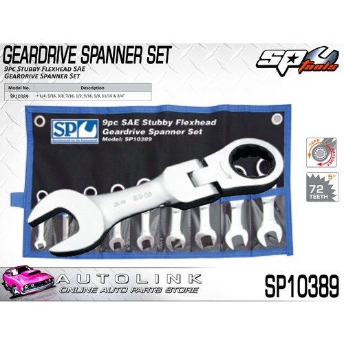 SP TOOLS 9PC STUBBY FLEXHEAD SAE GEARDRIVE WRENCH SPANNER SET SP10389