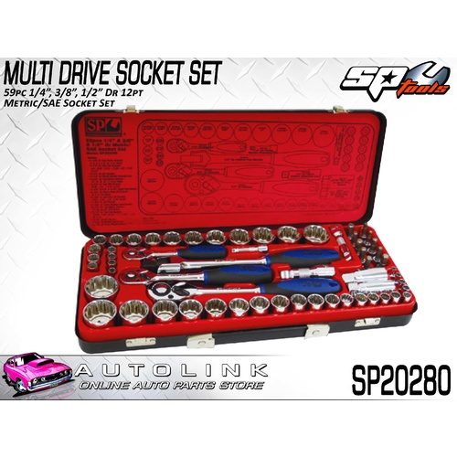 SP TOOLS SOCKET SET - 59PC 1/4" 3/8" & 1/2"DR 12PT - METRIC/SAE ( SP20280 )