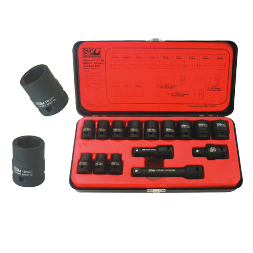 SP TOOLS IMPACT SOCKET SET 1/2DR 6PT 15PC METRIC WITH 2 EXT BARS SP20310