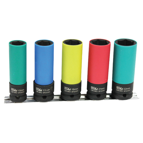 SP TOOLS 5PC WHEEL NUT IMPACT SOCKET RAIL SET COLOUR CODED SP20390