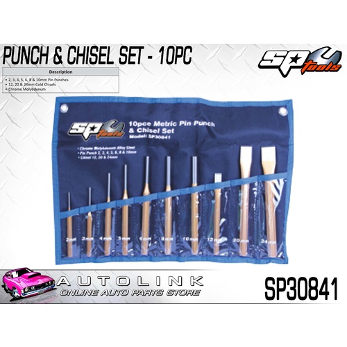 SP TOOLS 10PC PIN PUNCH & CHISEL SET WITH CARRY POUCH SP30841