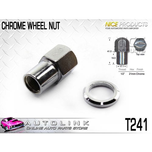 NICE CHROME WHEEL NUT 1/2" THREAD SHANK TYPE 21mm HEX - SOLD AS 1 T241
