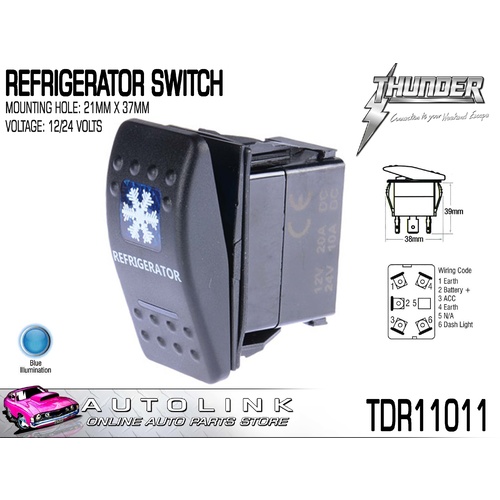 THUNDER REFRIGERATOR ROCKER SWITCH 20AMP @ 12V MOUNT: 21mm x 37mm TDR11011