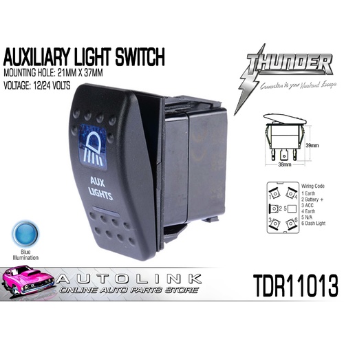 THUNDER AUXILIARY LIGHT (ROCKER) SWITCH 20AMP @ 12V MOUNT: 21mm x 37mm TDR11013
