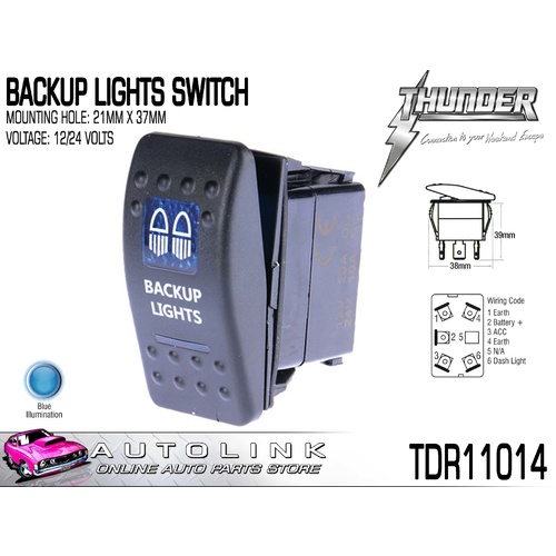 THUNDER BACKUP LIGHTS (ROCKER) SWITCH 20AMP @ 12V MOUNT: 21mm x 37mm TDR11014