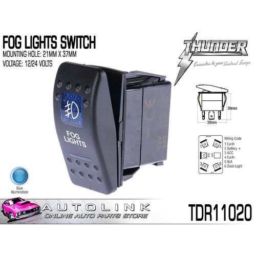 THUNDER FOG LIGHTS SWITCH 20AMP @ 12V MOUNT: 21mm x 37mm BLUE LIGHT TDR11020