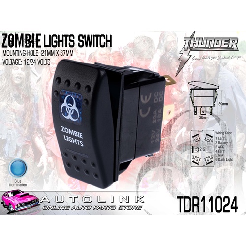 THUNDER ZOMBIE LIGHTS ROCKER SWITCH 20AMP @ 12V MOUNT: 21mm x 37mm TDR11024