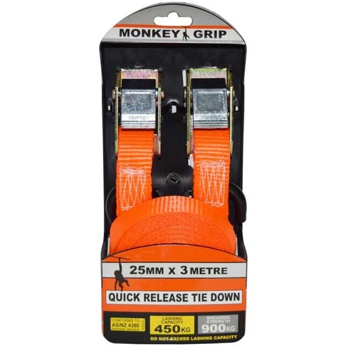 MONKEY GRIP TDS253-2 CAM BUCKLE MOTOR BIKE ATV BOAT TIE DOWN SET 25mm x 3M