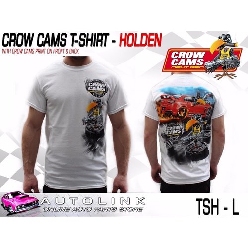 CROW CAMS WHITE T-SHIRT HOLDEN GTS DRAG PRINT ON BACK & CROW ON FRONT - LARGE