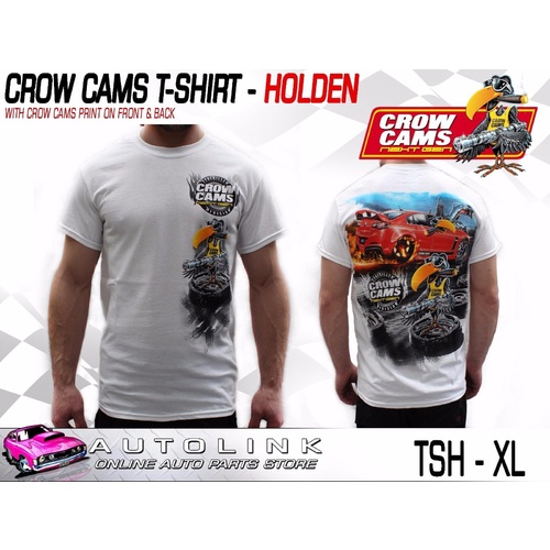CROW CAMS WHITE T-SHIRT HOLDEN GTS DRAG PRINT ON BACK & CROW ON FRONT - XLARGE
