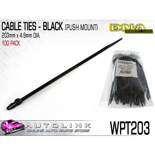 DNA CABLE TIES 203mm x 4.8mm BLACK WITH PUSH MOUNT CLIP (PACK OF 100) WPT203